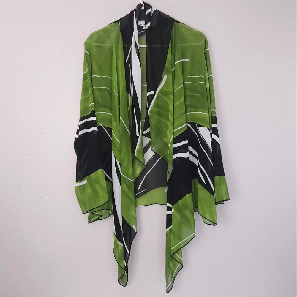 Caroline Rose Open Front Cardigan Kimono LARGE Black Green White